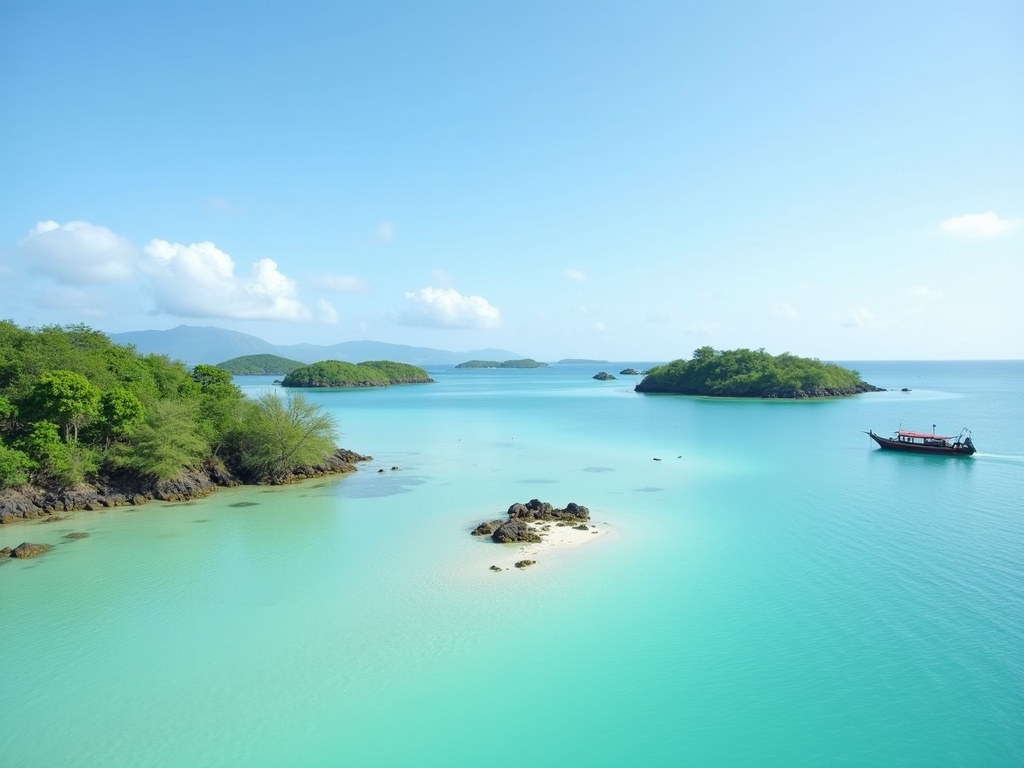 Scattered green islets and calm turquoise shallows near Riung, central Flores