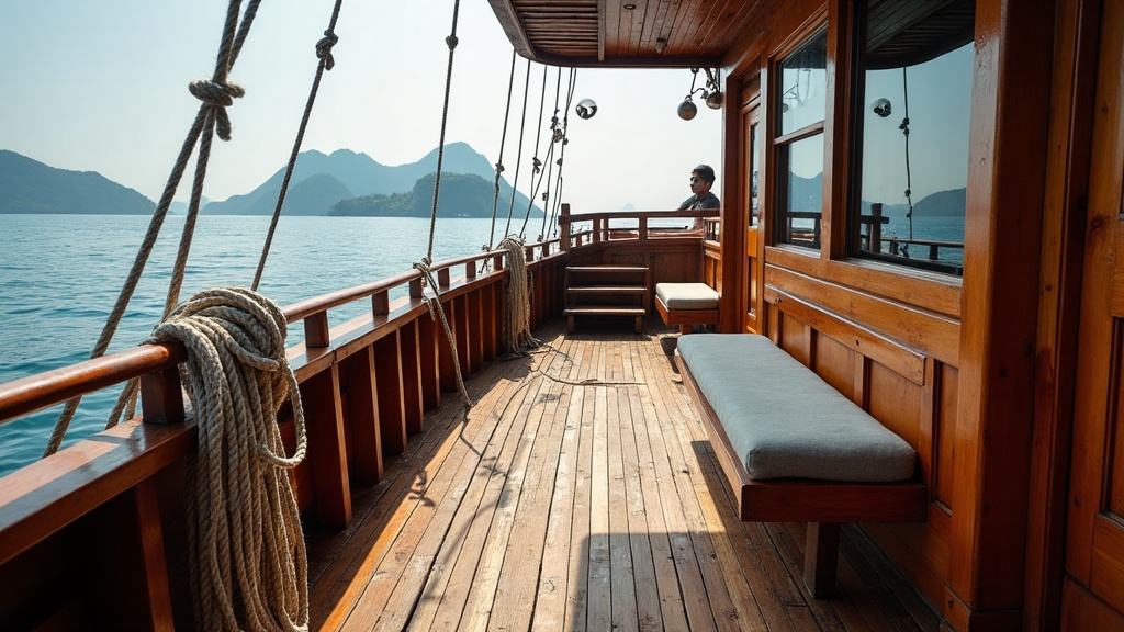 Teak deck of a wooden charter boat underway off the Flores coast