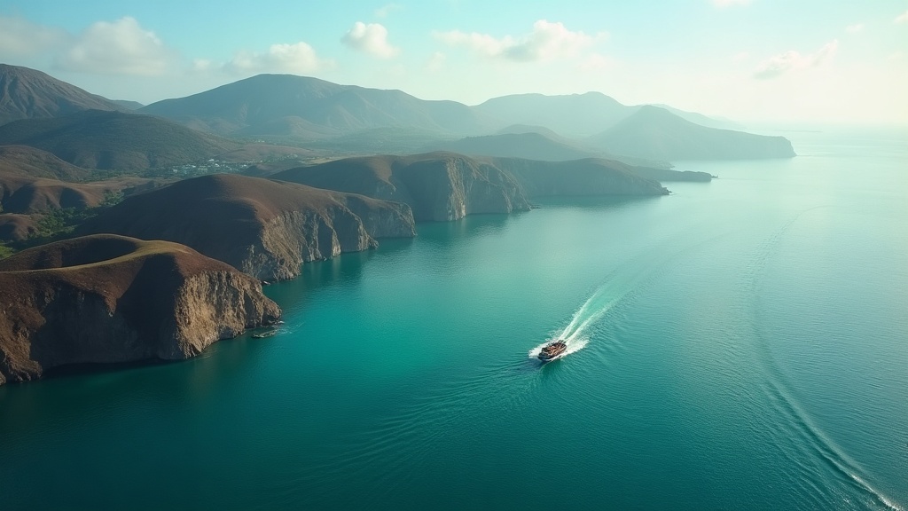 Aerial view of the layered Flores coastline with a lone charter boat crossing teal water